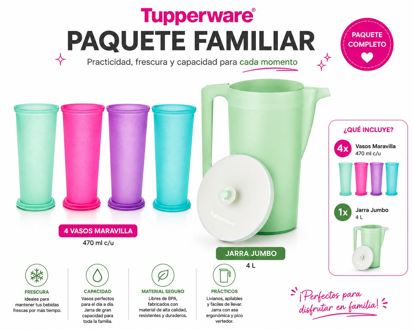 PAQUETE VASOS MARAVILLA Y JARRA JUMBO